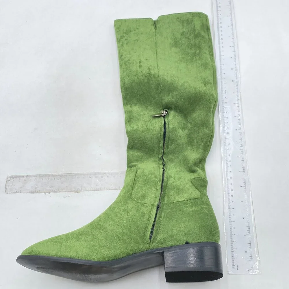 Green Women Almond Toe Knee High Boots with Partial Zipper Warm Long Boot